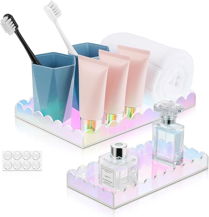 2 Pack Iridescent Acrylic Bathroom Vanity Tray 7.9" and 9.6",Colorful Soap Dispenser Decorative Scalloped Tray for Bathroom Kitchen Living Room Decor Vanity Perfume