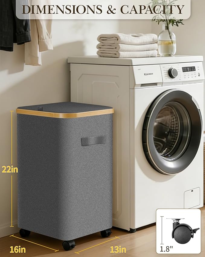 Laundry Hamper with Wheels, 75L Large Clothes Hamper with Removable Inner Bag, Collapsible Dirty Clothes Basket for Dorm, Rolling Dirty Clothes Basket for, Bedroom, Bathroom, Laundry Room