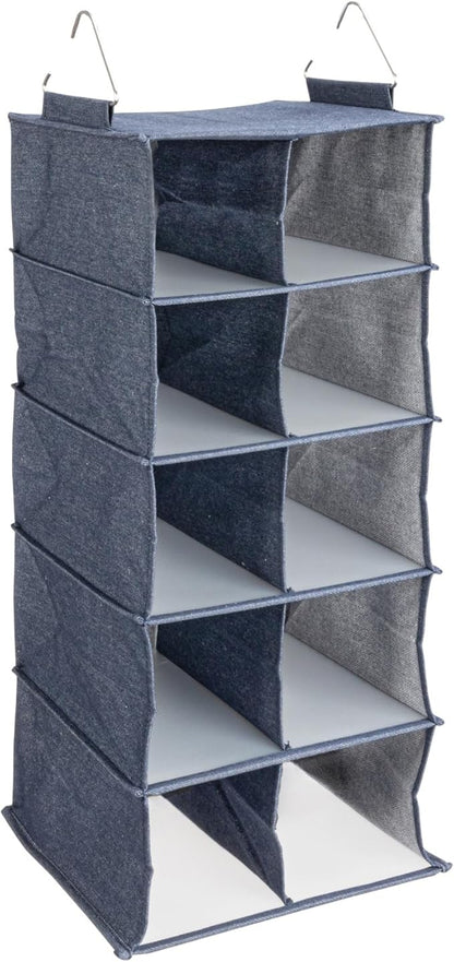 Household Essentials Hanging Cotton Blend and Plastic Closet Shoe Organizer with 10 Storage Compartments, Denim