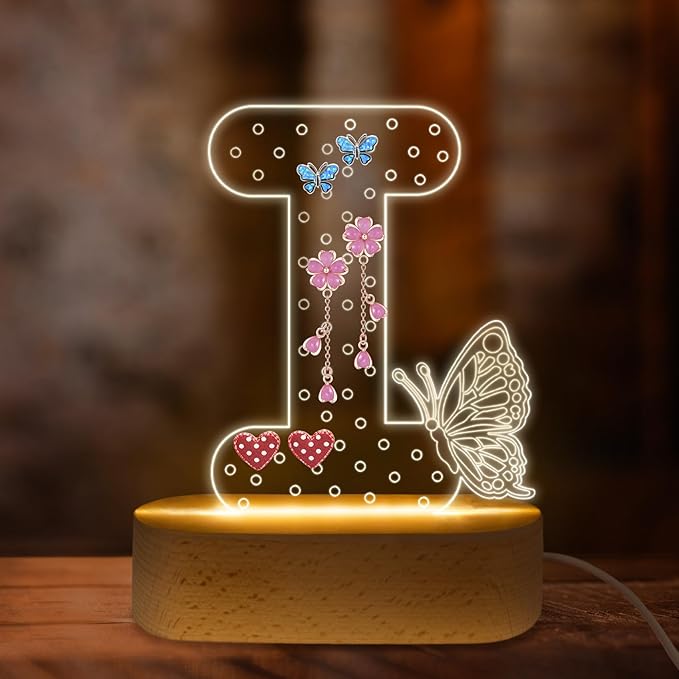 COSHAYSOO Initial Acrylic Earring Holder Organizer for Teen Girls with Butterfly Decorations LED Night Light, Personalized Birthday Easter Basket Stuffers Gifts for Daughter Granddaugther Letter I