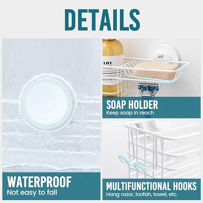 TAILI Shower Caddy Suction Cup with Hooks & Soap Holder, Heavy Duty Bathroom Shower Organizer, No Drilling Shelves for Inside Bathroom, Metal Storage Basket