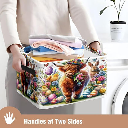 Highland Cow Easter Rabbit Chicken Storage Basket Large Foldable Storage Bin Cube Collapsible Organizer for Pantry Bedroom Decor
