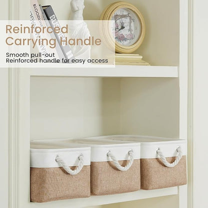Storage Baskets for Shelves 13.8x9.8x6.7 Inch, Foldable Fabric Storage Bins with Handles, Small Storage Baskets for Organizing Closet, Office, Home Organization (1-Pack, White&Khaki)