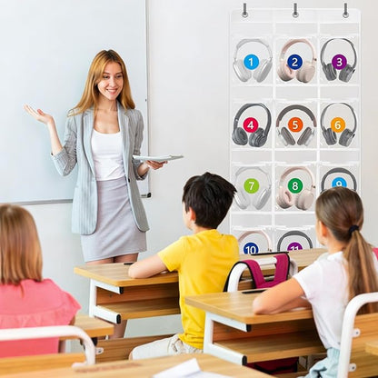 2 Pack Classroom Headphone Storage Organizer with 30 Pockets PVC Clear Organizer Holder with 4 Hooks for Headphone Organizer Classrooms