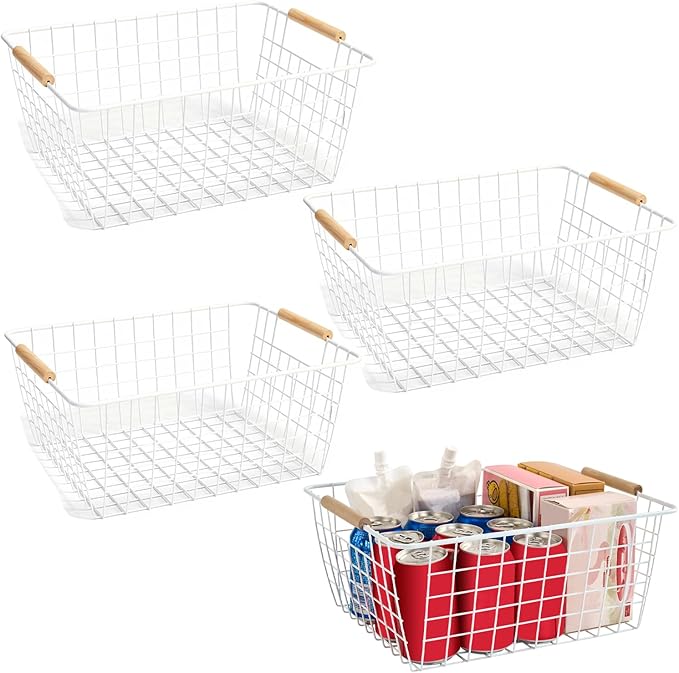 4 Pack White Large Wire Baskets for Organization Metal Wire Food Storage Basket Organizer with Wooden Handles for Organizing Kitchen Cabinets