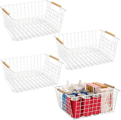 4 Pack White Large Wire Baskets for Organization Metal Wire Food Storage Basket Organizer with Wooden Handles for Organizing Kitchen Cabinets