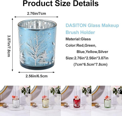 DASITON Makeup Brush Holder Organizer, Crystal Glass Cosmetic Makeup Brushes Storage Holder, Christmas Tree Make Up Brush Cup for Vanity Décor, Small Pen Holders for Desk, Toothbrush Holders (Blue)