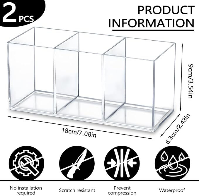 2 Pack Clear Makeup Brush Holder, 3 Compartment Plastic Pen Organizer, Acrylic Silverware Caddy for Storage Desk Vanity Pencil Utensil Marker Cutlery (Clear)