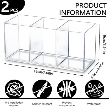 2 Pack Clear Makeup Brush Holder, 3 Compartment Plastic Pen Organizer, Acrylic Silverware Caddy for Storage Desk Vanity Pencil Utensil Marker Cutlery (Clear)