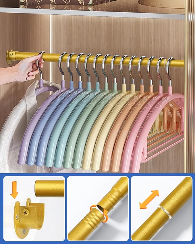 Closet Rods for Hanging Clothes - Heavy Duty, Length Adjustable (#1 Gold, 66.5" - 76")