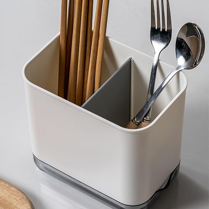 Kitchen Utensil Holder, Silverware Drying Basket Cutlery Drainer Caddy Silverware Cutlery Organizer Flatware Holder with 2 Compartments (White)