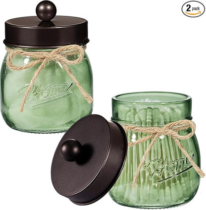 SheeChung Green Glass Qtip Holder Dispenser, Mason Jar Apothecary Jars with Lids, Bathroom Organizers and Storage, Vanity Countertop Canisters Set for Cotton Swab, Ball, Pad, Floss Pick-Bronze, 2 Pack