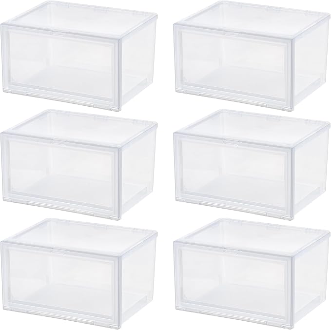 IRIS USA Stackable Shoe Display Box with Flip Up Door, 6-Pack, Sturdy Shoe Organizer Container with Side Display for High-Top Sneakers, Closet Under Bed and Entryway Storage, Clear