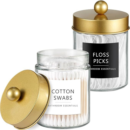 Amolliar 2 Pack Qtips Dispenser Holder - Bathroom Countertop Storage Organizer Containers - Glass Apothecary Jars with Gold Plastic Lid for Q-tips Cotton Balls, Swabs, Round Pads, Floss