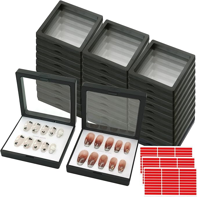 32 Pack Press On Nail Packaging Boxes 3D Floating Press On Nail Storage Box Nail Display Box with 90pcs Double Sided Adhesive Nail Display Tape for Nail Tech