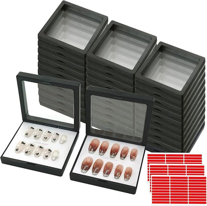 32 Pack Press On Nail Packaging Boxes 3D Floating Press On Nail Storage Box Nail Display Box with 90pcs Double Sided Adhesive Nail Display Tape for Nail Tech
