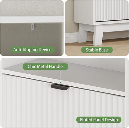Xixini Shoe Cabinet with 4 Flip Drawers, 46" Tall Narrow Fluted Shoe Storage Organizer for Entryway, Hidden Slim Wooden Shoe Rack Cabinet for Front Door Entrance, Hallway, Living Room, Solid White