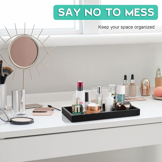 ALELION 13" Bathroom Vanity Tray for Counter - Black Wood Tray for Toilet Tank Makeup Perfume Jewelry Catchall Coffee Table - Wooden Kitchen Countertop Organizer for Soap Dispenser