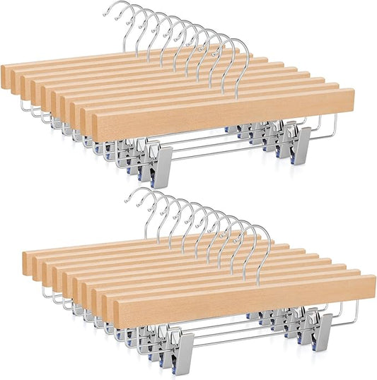 TOPIA HANGER Lotus Wood Pants Hangers, Unfinished Wooden Skirt Short Jeans Trouser Hanger with 360° Swivel Hook Anti Rust 2 Adjustable Clips, 20 Pack, CT10PN20