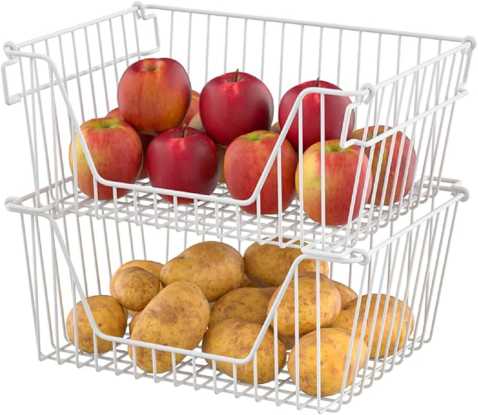 Slideep 14'' Large Metal Wire Storage Organizer Bin Basket Farmhouse Decor Stackable Storage Organizer for Pantry Home Bathroom Kitchen Organization White - 6 Pack