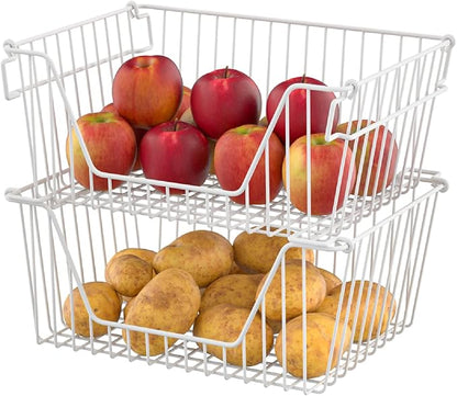 Slideep 14'' Large Metal Wire Storage Organizer Bin Basket Farmhouse Decor Stackable Storage Organizer for Pantry Home Bathroom Kitchen Organization White - 6 Pack