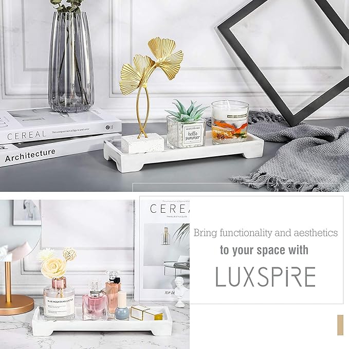 Luxspire Vanity Tray, Bathroom Toilet Tank Storage Tray, Resin Kitchen Sink Trays, Vanity Countertop Organizer for Candles Soap Towel Perfume Holder Decor Jewlery Dish, Marble Style -S- Gravel White