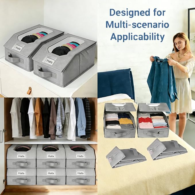 2 Pcs Stackable Baseball Cap Organizer, Washable Foldable Oxford Cloth, Smooth Durable Metal Zipper Hat Storage Holder for Closet, Holds 24 Caps with Large Clear Window, Hat Box for Home Storage