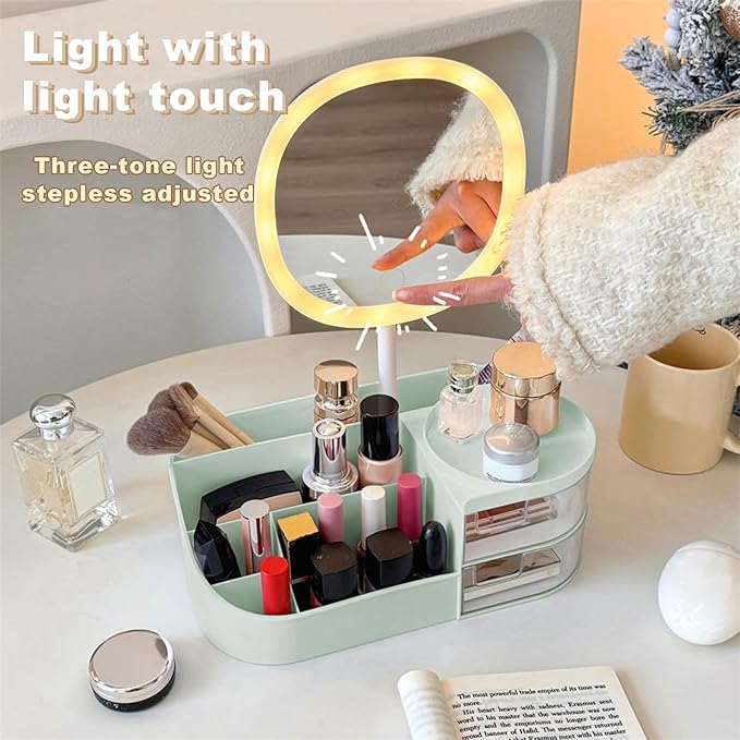 DASITON Makeup Organizer with Rechargeable Mirror,Makeup Brush Holder with 2 Drawers,Skincare and Cosmetics Organizer Countertop,Large Capacity Cosmetic Display Case for Vanity,Bedroom,Bathroom(Green)