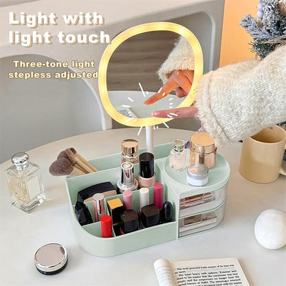 DASITON Makeup Organizer with Rechargeable Mirror,Makeup Brush Holder with 2 Drawers,Skincare and Cosmetics Organizer Countertop,Large Capacity Cosmetic Display Case for Vanity,Bedroom,Bathroom(Green)