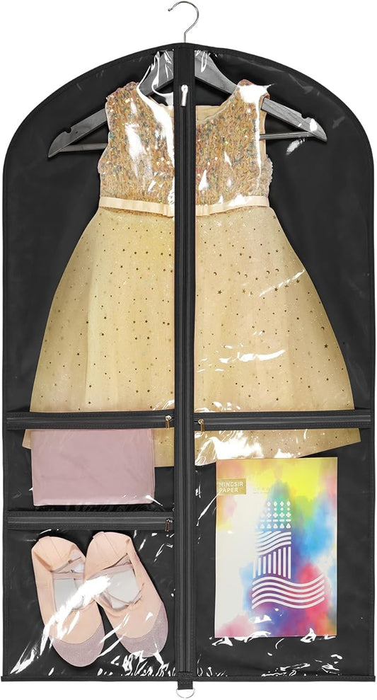 Univivi Dance Costume Bags Garment Bag 40 Inch Hanging Clothes for Dance Competitions, with 3 Medium Clear Zipper Pockets for Dance Costumes, Closet Storage(Clear Black)