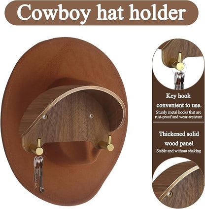 Cowboy Hat Rack for Wall（2-Pack）, Walnut Wood Cowboy Hat Holder & Hat Hooks for Wall, Non-Damaging Shape-Preserving Design for Wide Brim Hats, Compatible with Various Wall Surfaces