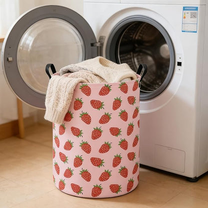 Round Foldable Girls' Storage Basket Kids Laundry Hamper Pink Gift Basket Suitable For Home Decoration Office and Toy Storage(Strawberry)