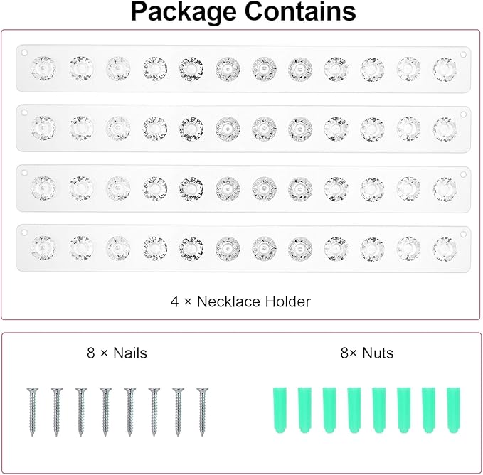 4Pcs Wall Necklace Holder for Women, Hanging Jewelry Organizer Wall Mount Crystal Holder Necklace Wall Hanger, Acrylic Bracelet Holder Organizer Jewelry Rack Adhesive Hooks Necklace Storage