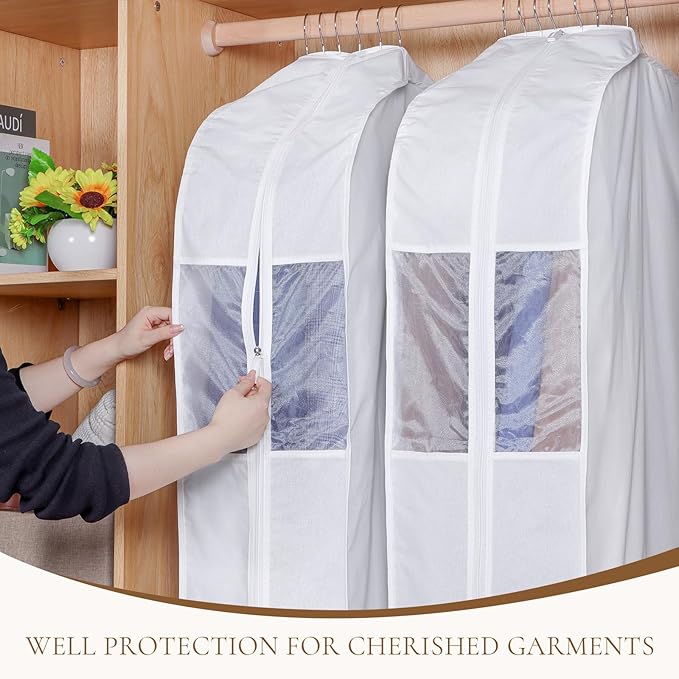 Univivi Premium Cotton Garment Bags for Hanging Clothes and Storage, 40 Inch Washable Suit Cover Bag with Extra Large 10" Gusset & Clear Window - Perfect for Suits, Coats, Jackets - 4 Pack