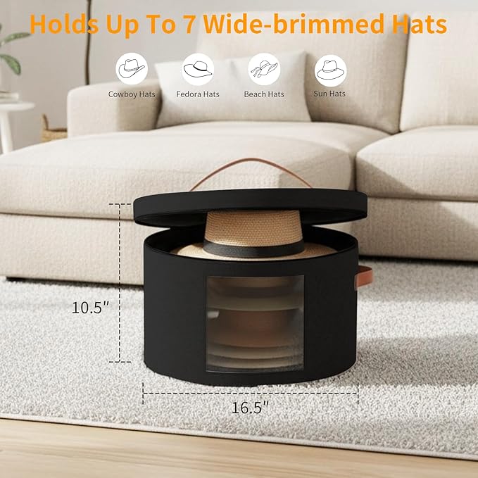 Samplife Hat Box,Hat Storage Box,Stackable Round Brim Hats Organizer Bag Container for Closet,Travel Hat Boxes for Women, Cowboy Hat Organizer, FoldableTravel Cap Boxes (02-Black, 16.5" D x 10.5" H)