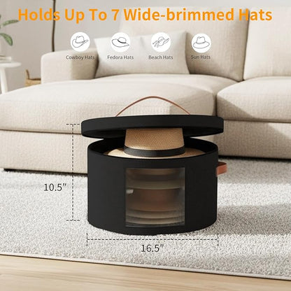 Samplife Hat Box,Hat Storage Box,Stackable Round Brim Hats Organizer Bag Container for Closet,Travel Hat Boxes for Women, Cowboy Hat Organizer, FoldableTravel Cap Boxes (02-Black, 16.5" D x 10.5" H)