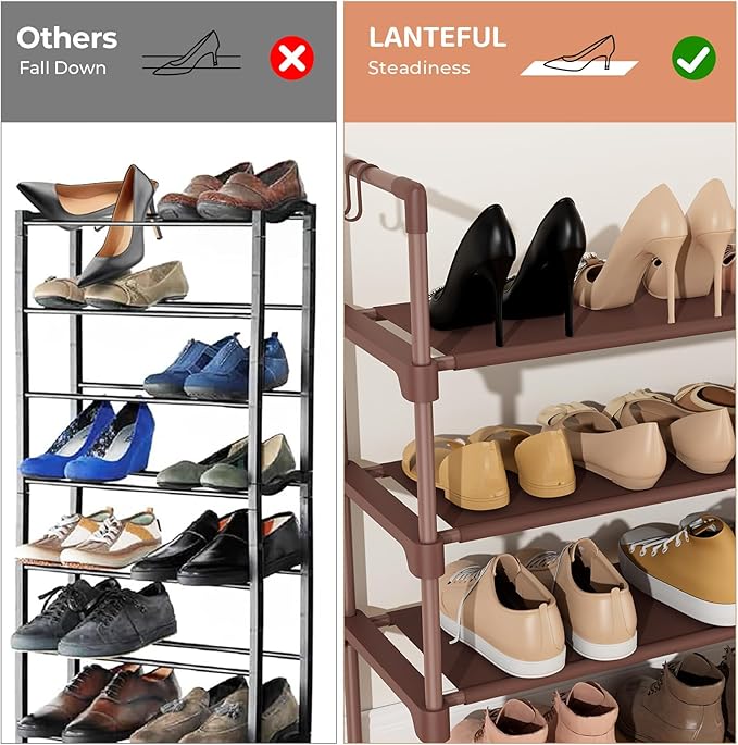 LANTEFUL 3 Tier Shoe Rack for Closet Shoe Organizer with 5 Hooks, Long Shoe Shelf Storage for Shoe and Boot Stackable Free Standing Shoe Rack for Entryway, Garage, Small Spaces, Dorm, Brown