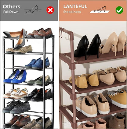 LANTEFUL 3 Tier Shoe Rack for Closet Shoe Organizer with 5 Hooks, Long Shoe Shelf Storage for Shoe and Boot Stackable Free Standing Shoe Rack for Entryway, Garage, Small Spaces, Dorm, Brown