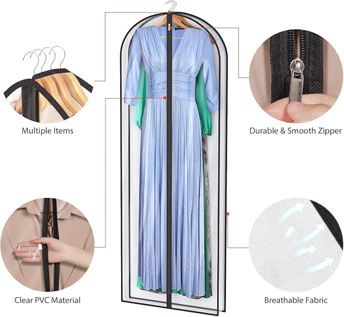 Univivi Dress Bags for Gowns, 65″ Clear Garment Bags for Hanging Clothes, 4″ Gusseted Long Dress Garment Bag for Closet Storage, 3-Pack