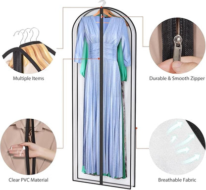 Univivi Dress Bags for Gowns, 65″ Clear Garment Bags for Hanging Clothes, 4″ Gusseted Long Dress Garment Bag for Closet Storage, 3-Pack