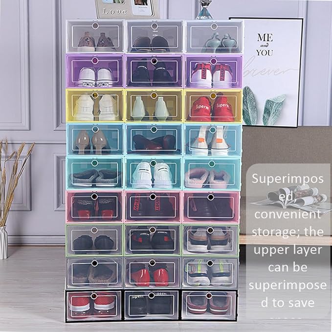 Lurrose 6pcs Stackable Shoes Organizer Boxes 33x24x14cm Plastic Dustproof Drawer Shoe Storage Container for Men Space-saving Closet Storage