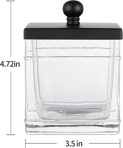 Glass Cotton Jar Holder 2 Pack– Matte Black Lid, Elegant Bathroom Storage Canister for Qtips, Cotton Balls, Floss, Makeup Organizer, Vanity & Bathroom Organization