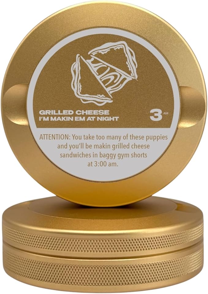 Grilled Cheese | Metal Container for Zyn, Premium Aluminum Can & Rugged Pouch Holder | Extra Capacity, Knurled Grip & Used Pouch Storage | EDC (Champagne Gold)