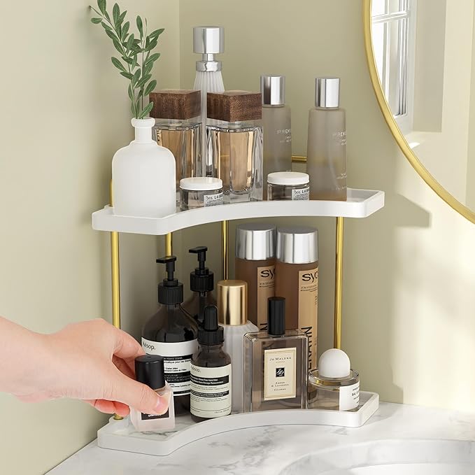 2-Tier Hancrafted Ceramic Bathroom Counter Organizer, KES Marble Pattern Corner Bathroom Countertop Organizer, Vanity Skincare and Makeup Storage Tray Shelf, Polished Gold, BSC900B-PG