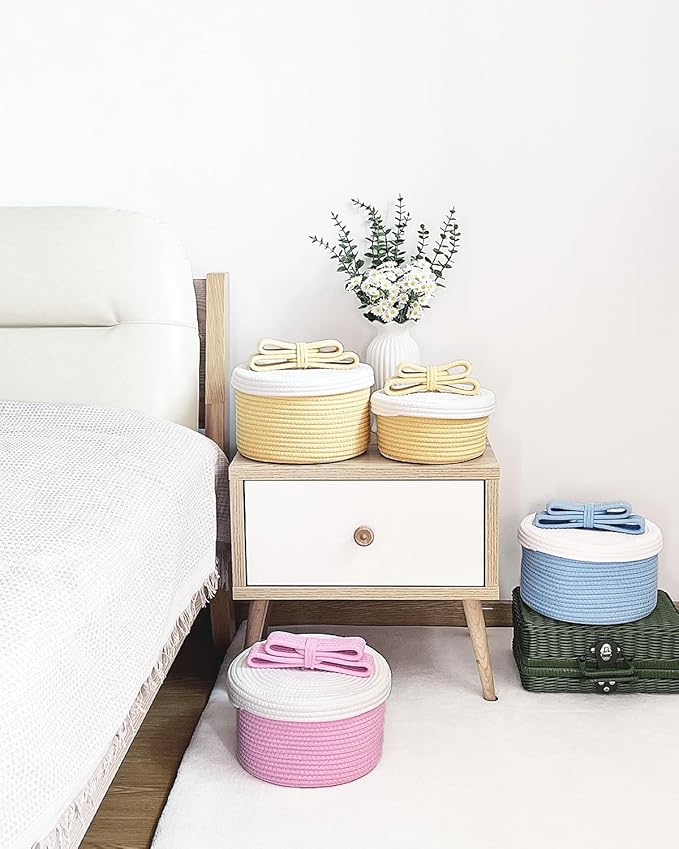 Cute Storage Baskets with Lids, Small Round Woven Rope Basket with Lid, Small Toy Box for Kids or Cat, Cute Basket for Gift, Decorative Basket with Chic Bow Handle, Pink