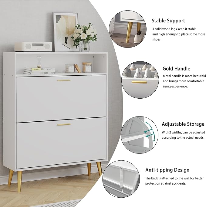 JOZZBY Shoe Cabinet for Entryway, White Narrow Shoe Storage Cabinet with 2 Flip Drawers and Open Shelves, Hidden Freestanding Shoe Rack Storage Organizer for Hallway, Living Room