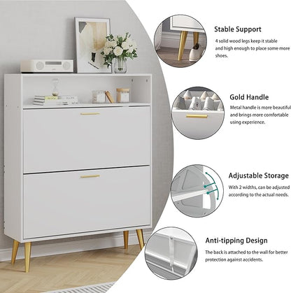 JOZZBY Shoe Cabinet for Entryway, White Narrow Shoe Storage Cabinet with 2 Flip Drawers and Open Shelves, Hidden Freestanding Shoe Rack Storage Organizer for Hallway, Living Room