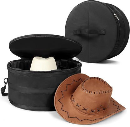 WOMACO Hat Box for Travel, Hard Shell Hat Storage Case for Cowboy Hat, Collapsible Hat Organizer Bag with Handle and Shoulder Strap (Black, Pack of 2)