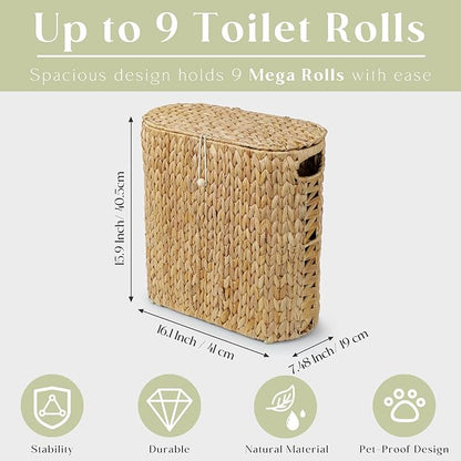 YANGQIHOME Toilet Paper Storage, Water Hyacinth Toilet Paper Storage with Lid, Papers Container for up to 9 Mega Rolls, Bathroom Basket Organizer