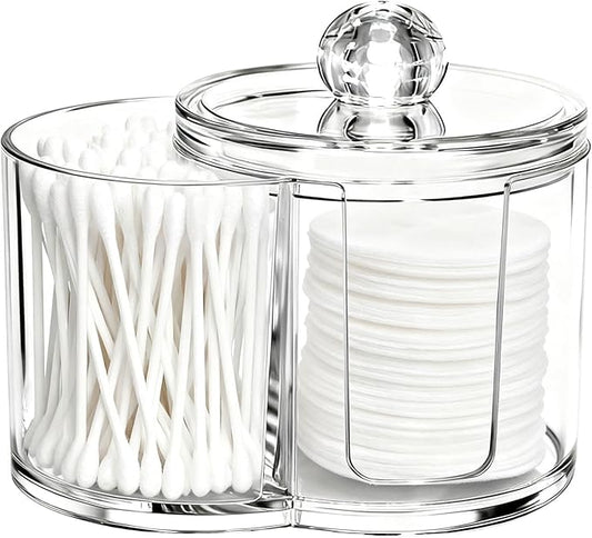 2- Grid Q-tip Holder for Bathroom, Cotton Swab Holder with Removable Dustproof Lid for Cotton Swabs, Rounds, Balls(COLOR:Transparent)